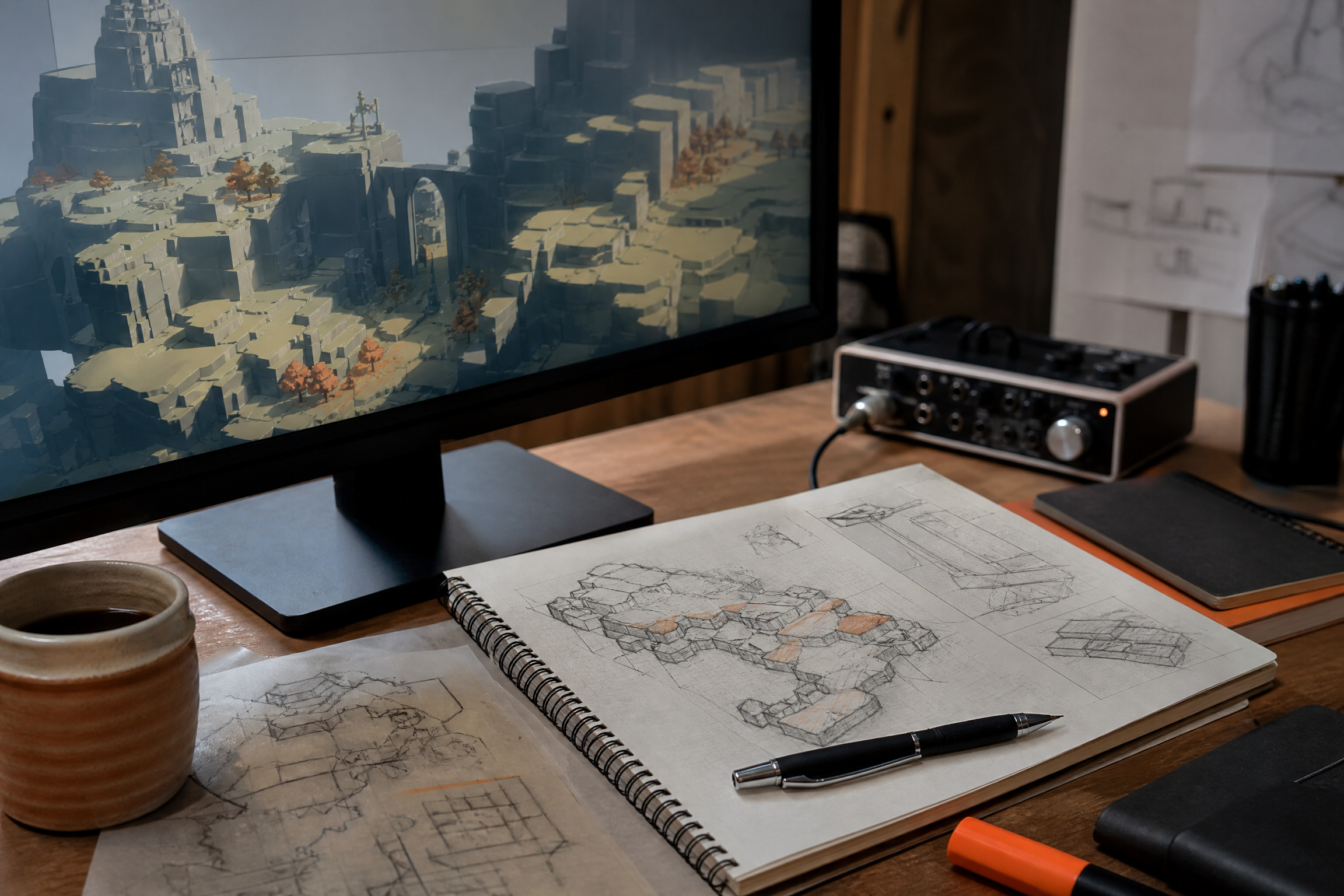 Game development desk with a level blockout on screen