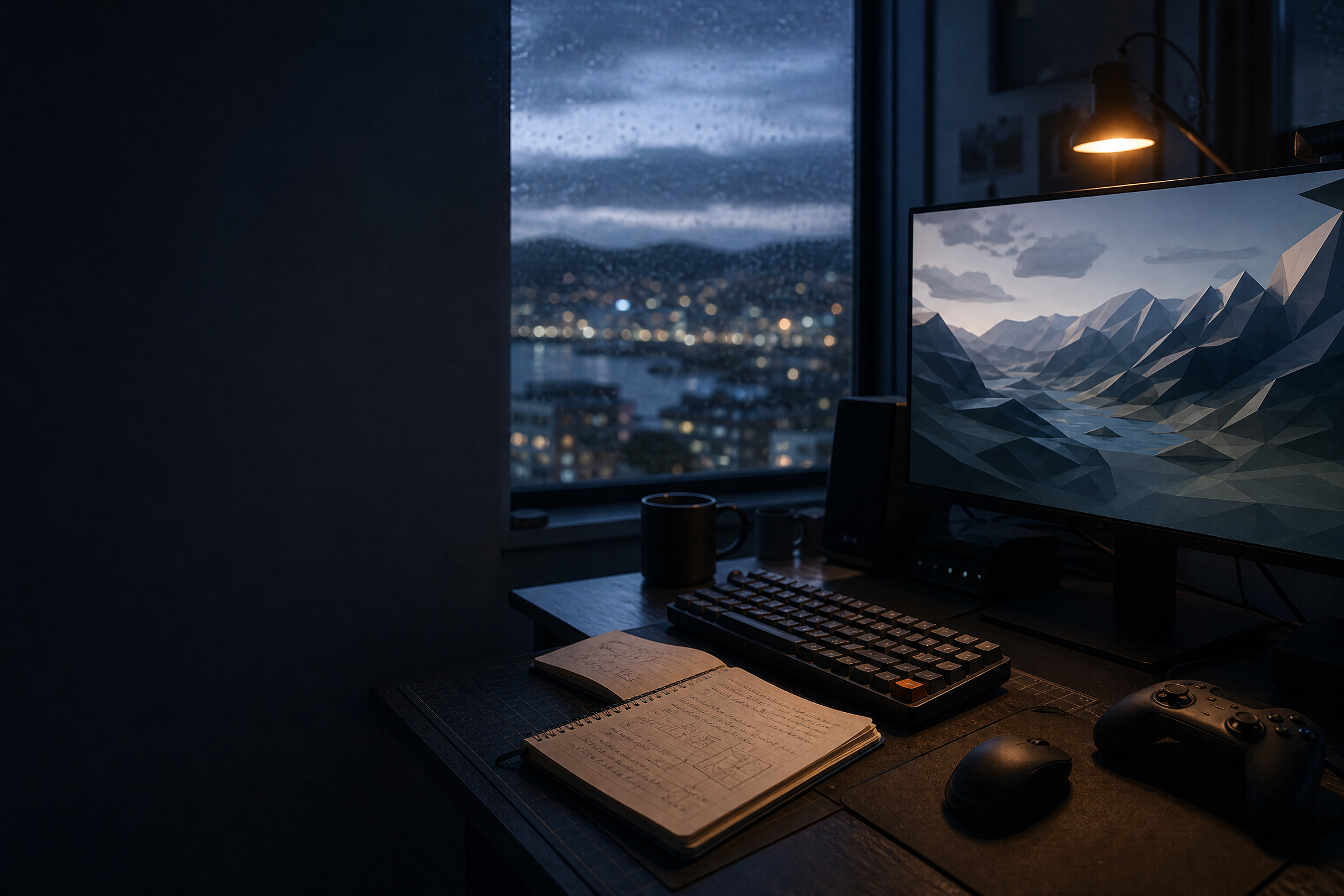 Game development workstation looking out over Wellington at dusk